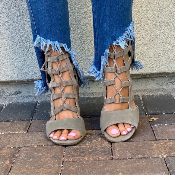 Olive Ultra Chic Caged Lace Up Block Heel Sandal - Picture 7 of 8